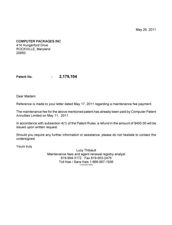Canadian Patent Document 2179104. Correspondence 20101226. Image 1 of 1