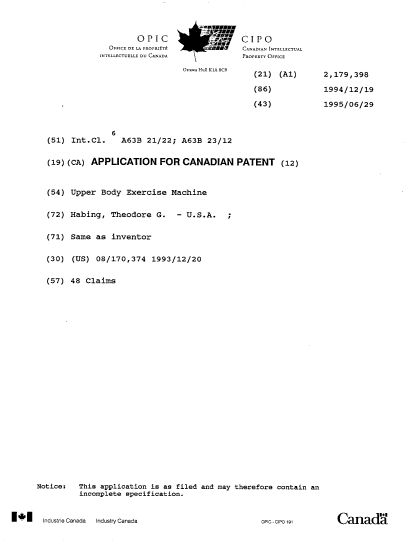 Canadian Patent Document 2179398. Cover Page 19960923. Image 1 of 1