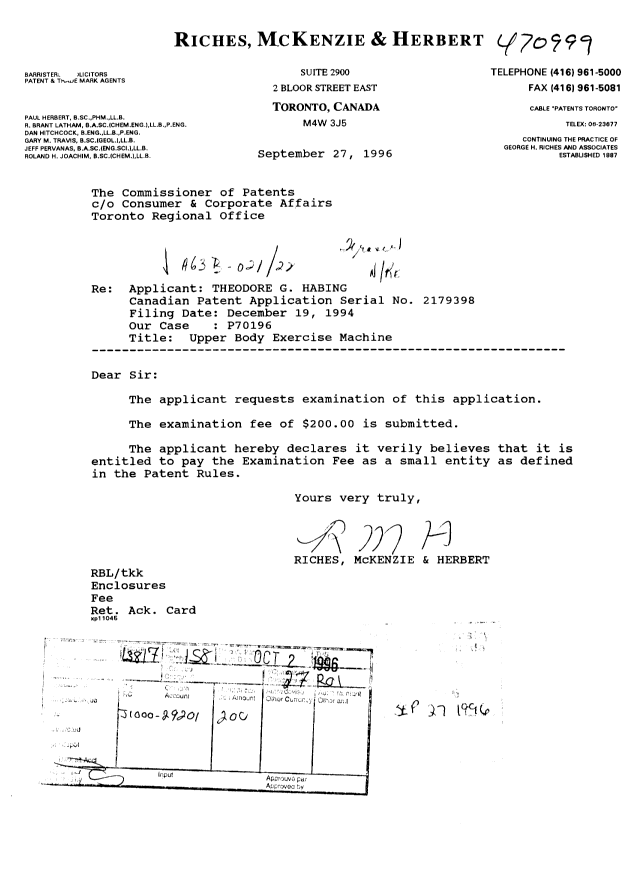 Canadian Patent Document 2179398. Prosecution-Amendment 19960927. Image 1 of 2