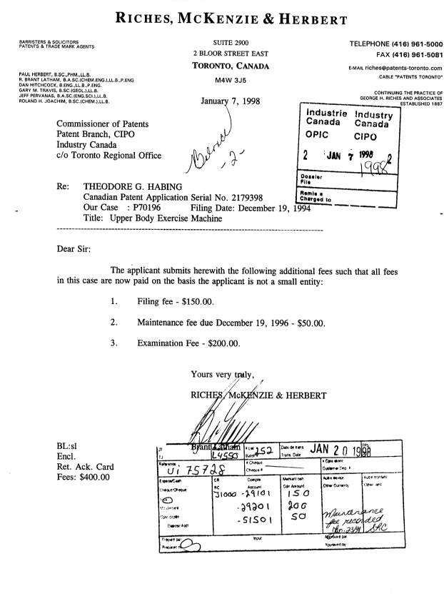 Canadian Patent Document 2179398. Fees 19980107. Image 1 of 1