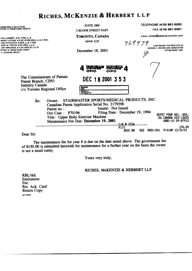 Canadian Patent Document 2179398. Fees 20011218. Image 1 of 1