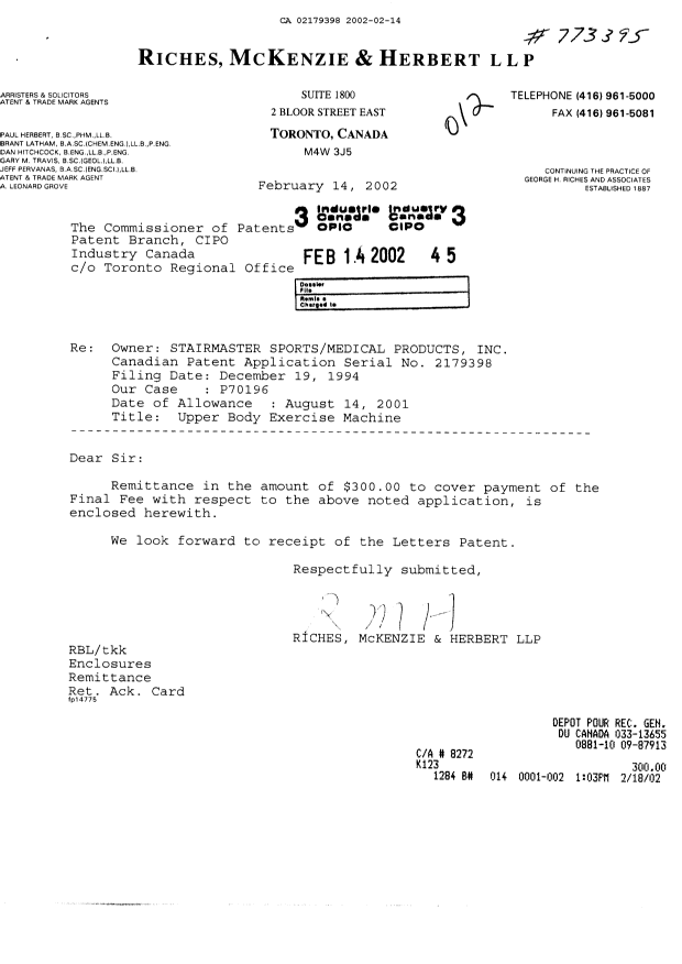 Canadian Patent Document 2179398. Correspondence 20020214. Image 1 of 1