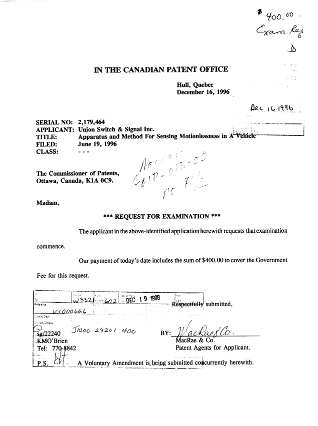 Document de brevet canadien 2179464. Poursuite-Amendment 19961216. Image 1 de 8