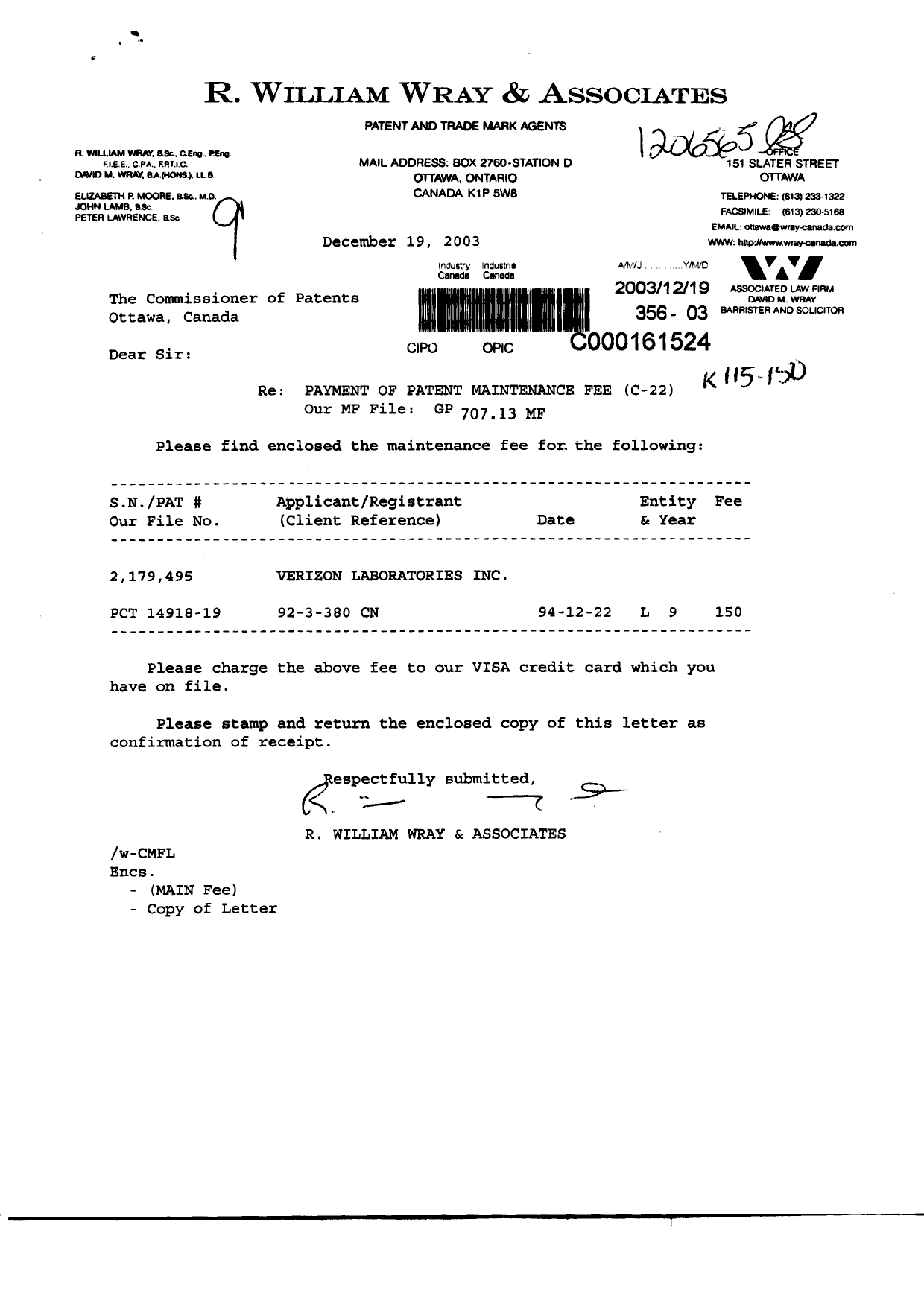 Canadian Patent Document 2179495. Fees 20031219. Image 1 of 1