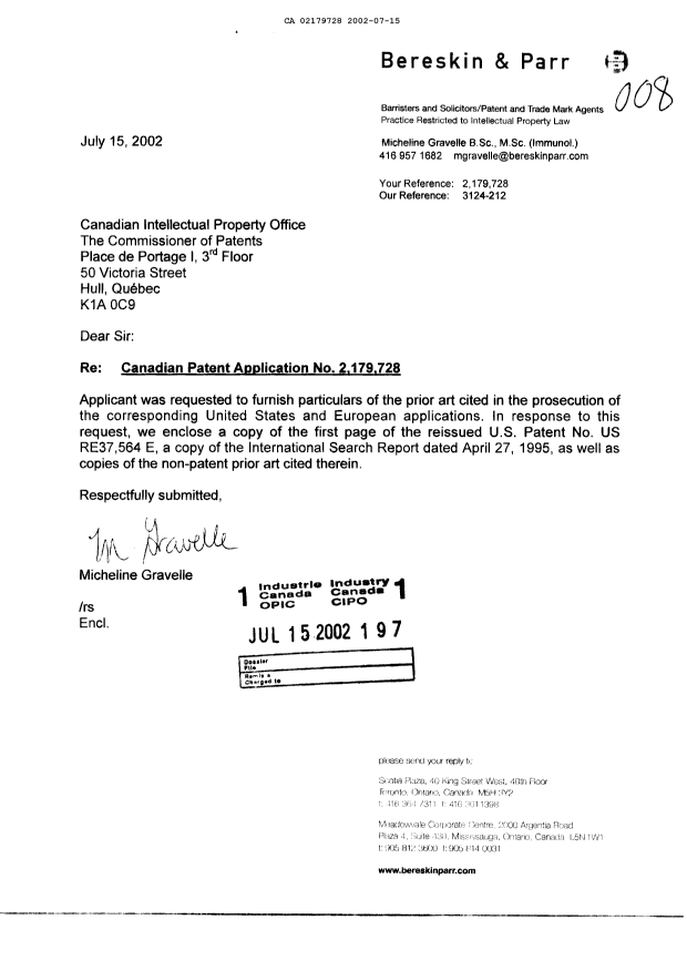 Canadian Patent Document 2179728. Prosecution-Amendment 20011215. Image 1 of 1