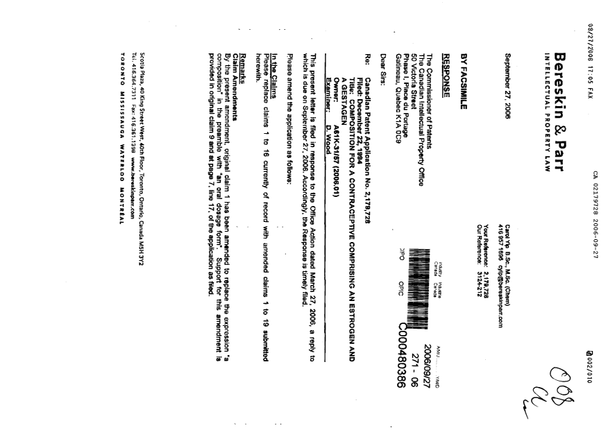 Document de brevet canadien 2179728. Poursuite-Amendment 20051227. Image 1 de 10