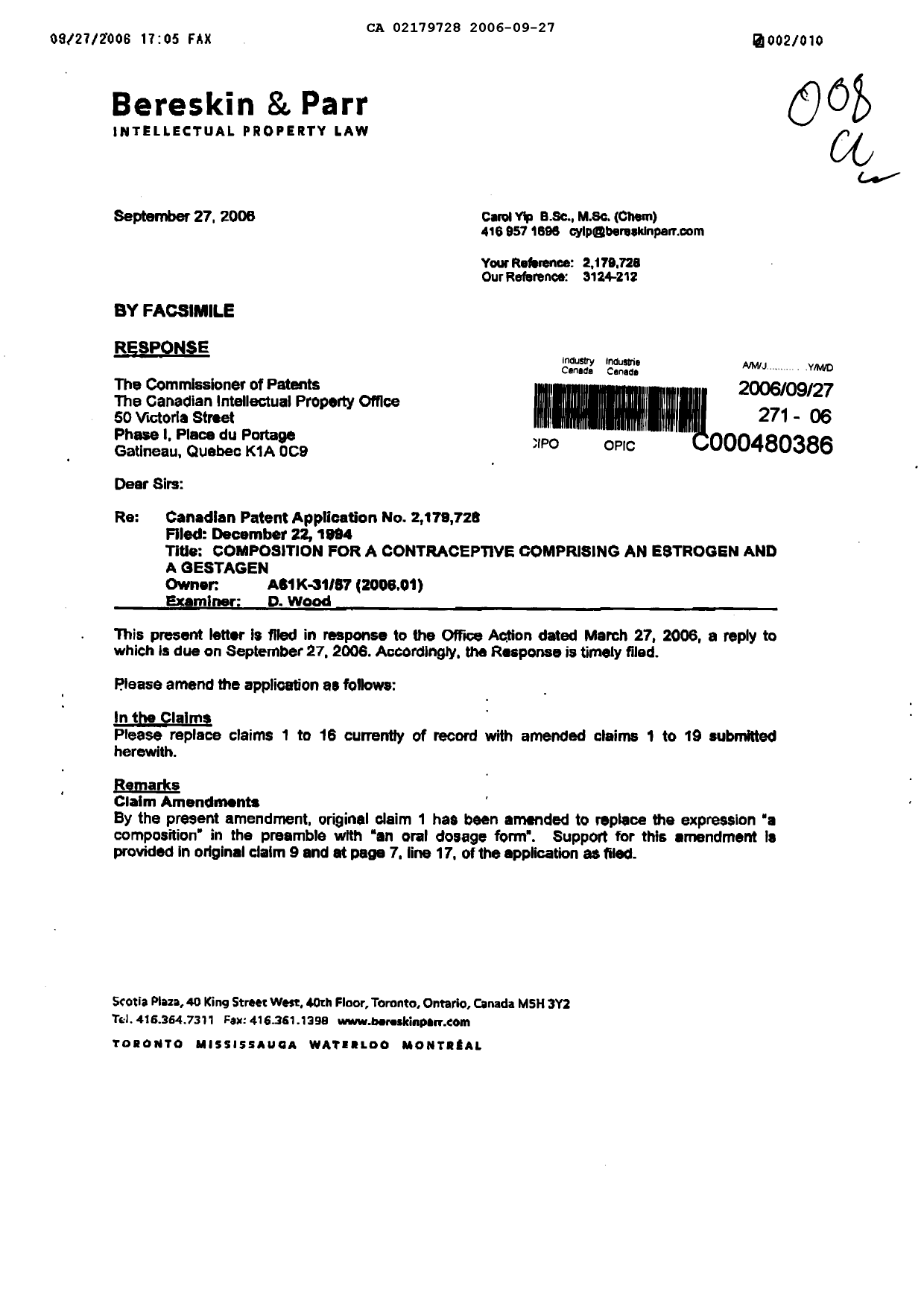 Canadian Patent Document 2179728. Prosecution-Amendment 20051227. Image 1 of 10