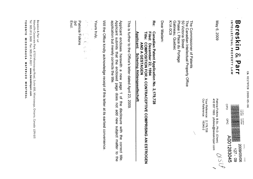Canadian Patent Document 2179728. Prosecution-Amendment 20081206. Image 1 of 2
