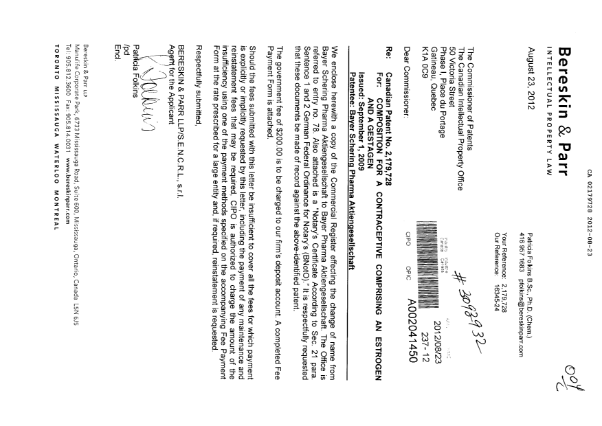Document de brevet canadien 2179728. Cession 20111223. Image 1 de 62
