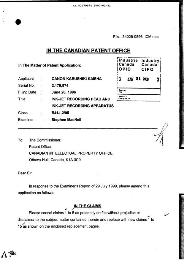 Canadian Patent Document 2179974. Prosecution-Amendment 20000131. Image 1 of 5