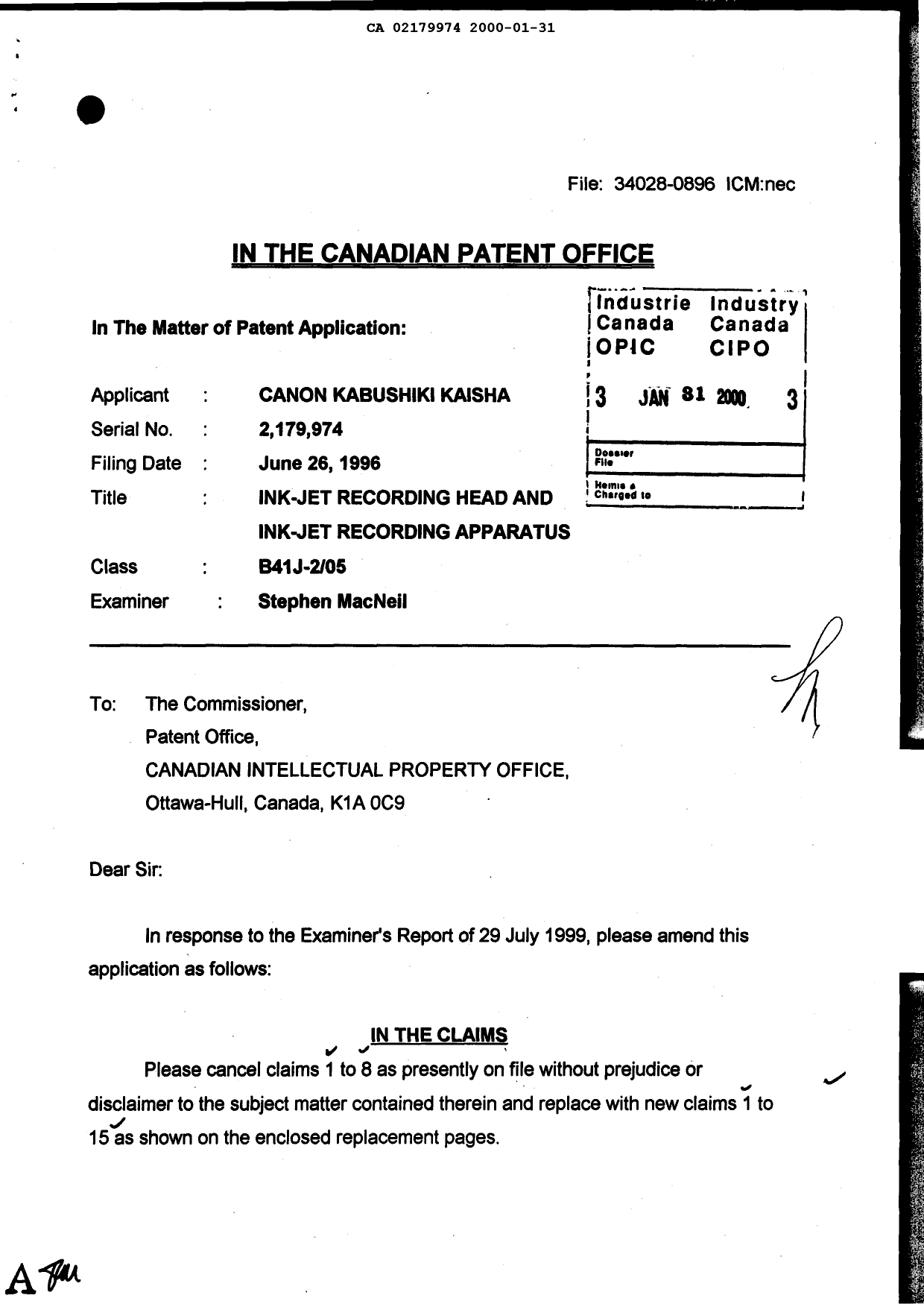 Canadian Patent Document 2179974. Prosecution-Amendment 20000131. Image 1 of 5