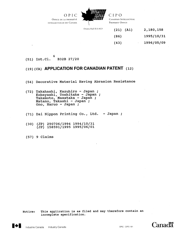Document de brevet canadien 2180158. Page couverture 19961007. Image 1 de 1