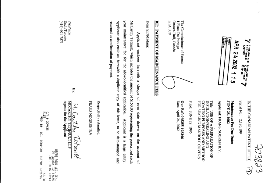 Canadian Patent Document 2180199. Fees 20020424. Image 1 of 1