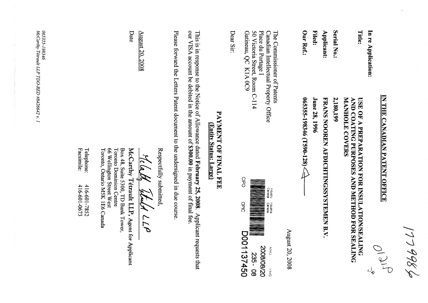 Canadian Patent Document 2180199. Correspondence 20080820. Image 1 of 1