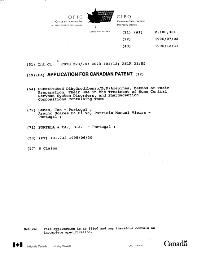 Canadian Patent Document 2180301. Cover Page 19961009. Image 1 of 1