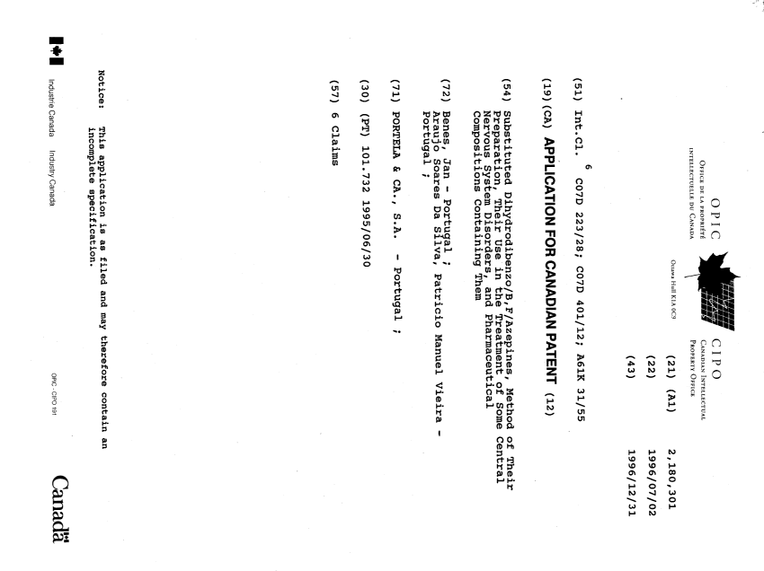 Canadian Patent Document 2180301. Cover Page 19961009. Image 1 of 1