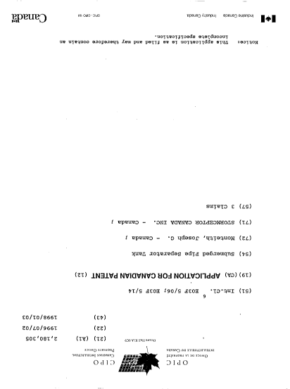 Canadian Patent Document 2180305. Cover Page 19961009. Image 1 of 1