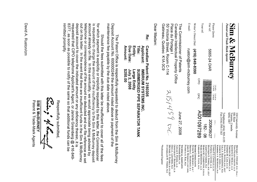 Document de brevet canadien 2180305. Taxes 20080627. Image 1 de 1