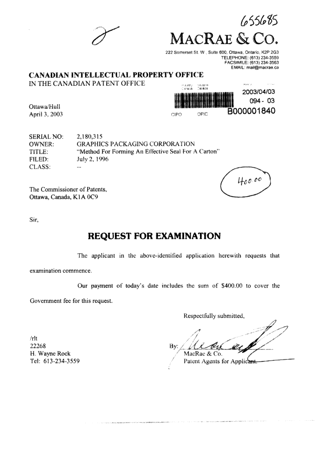 Canadian Patent Document 2180315. Prosecution-Amendment 20030403. Image 1 of 1
