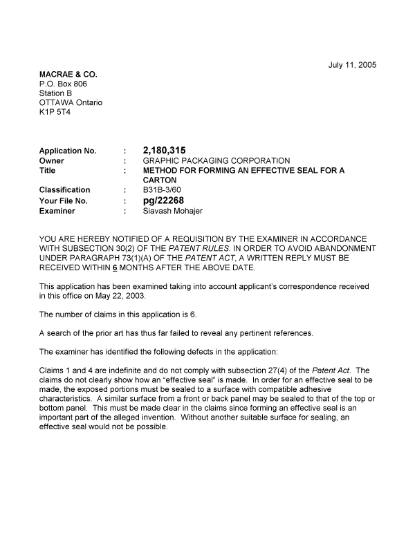 Canadian Patent Document 2180315. Prosecution-Amendment 20050711. Image 1 of 2