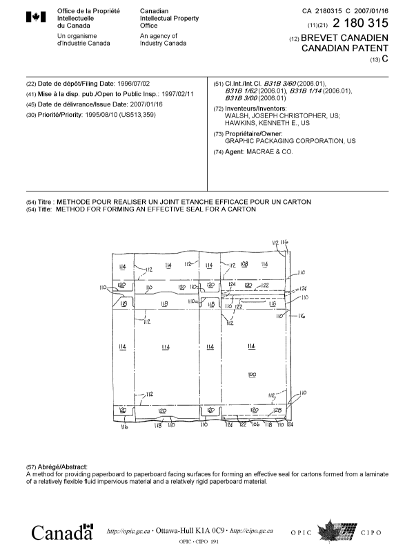 Canadian Patent Document 2180315. Cover Page 20061213. Image 1 of 1
