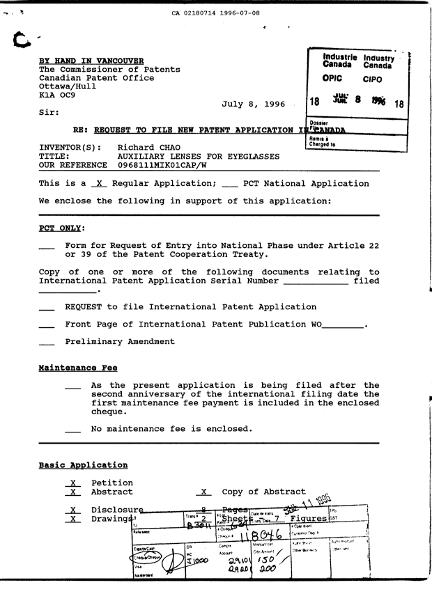 Document de brevet canadien 2180714. Cession 19960708. Image 1 de 4