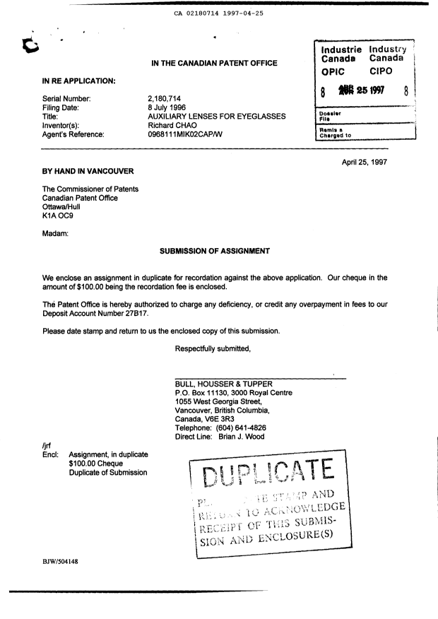 Document de brevet canadien 2180714. Cession 19970425. Image 1 de 2