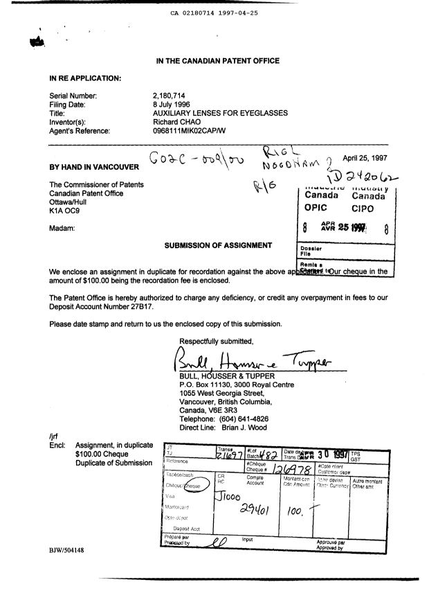 Document de brevet canadien 2180714. Cession 19970425. Image 1 de 1
