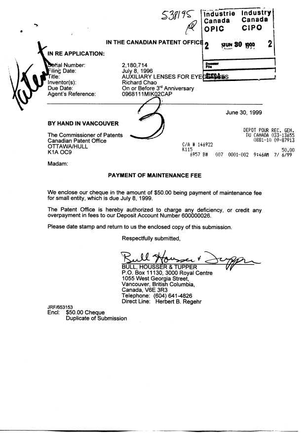 Document de brevet canadien 2180714. Taxes 19990630. Image 1 de 1