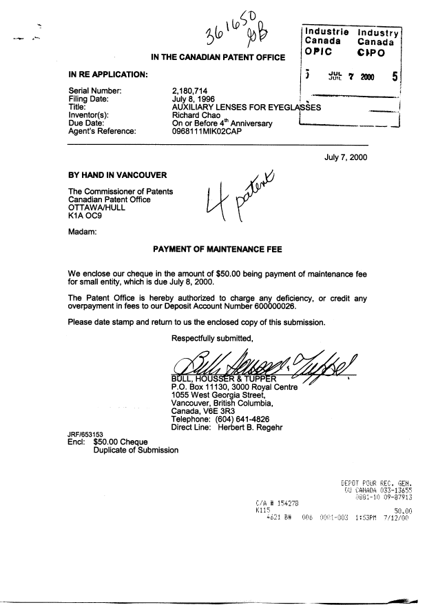 Document de brevet canadien 2180714. Taxes 20000707. Image 1 de 1