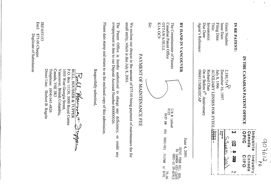Canadian Patent Document 2180714. Fees 20010605. Image 1 of 1
