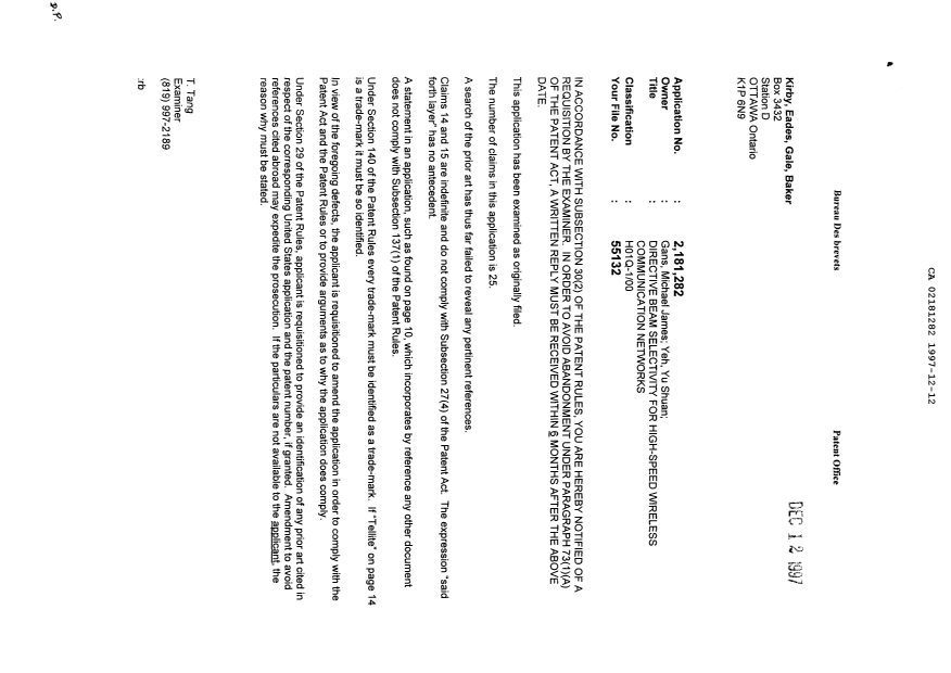 Document de brevet canadien 2181282. Poursuite-Amendment 19961212. Image 1 de 1