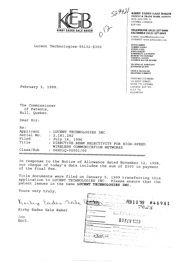 Canadian Patent Document 2181282. Correspondence 19981203. Image 1 of 1