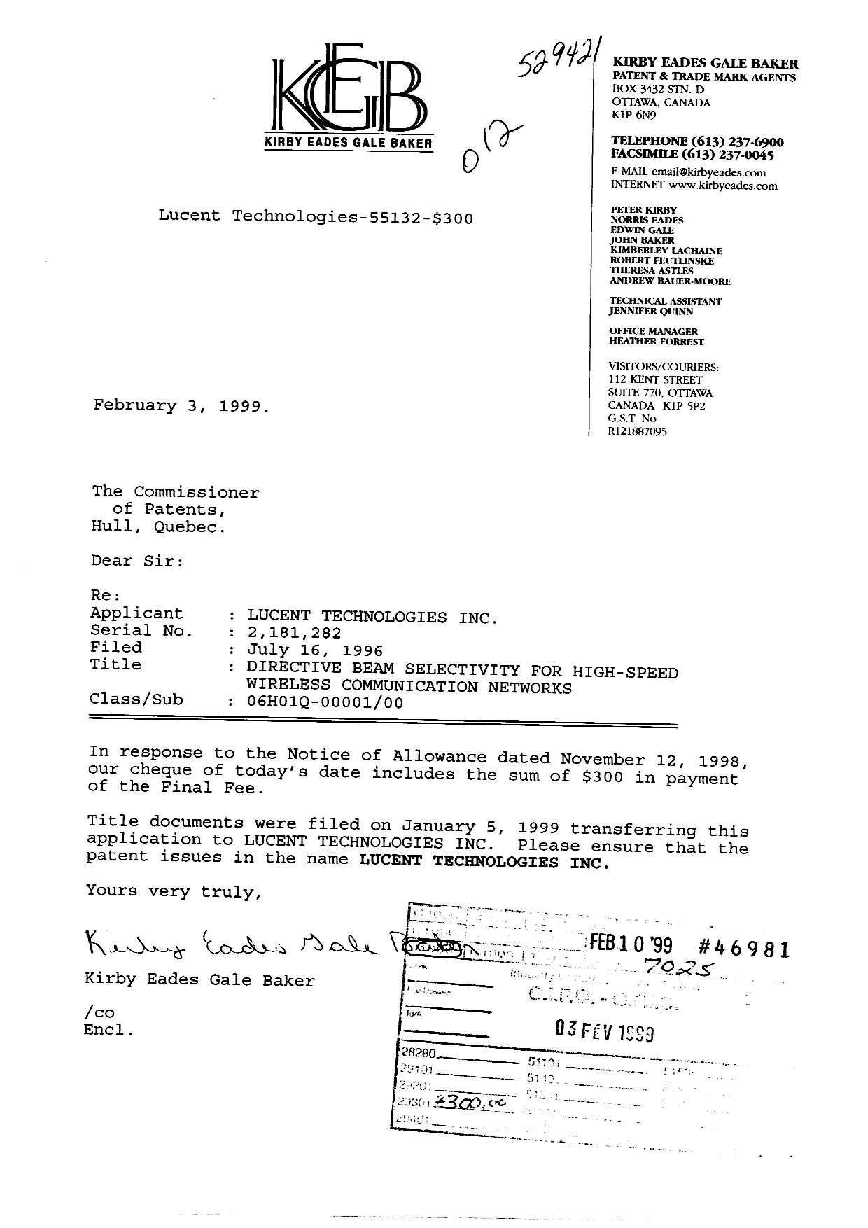 Document de brevet canadien 2181282. Correspondance 19981203. Image 1 de 1