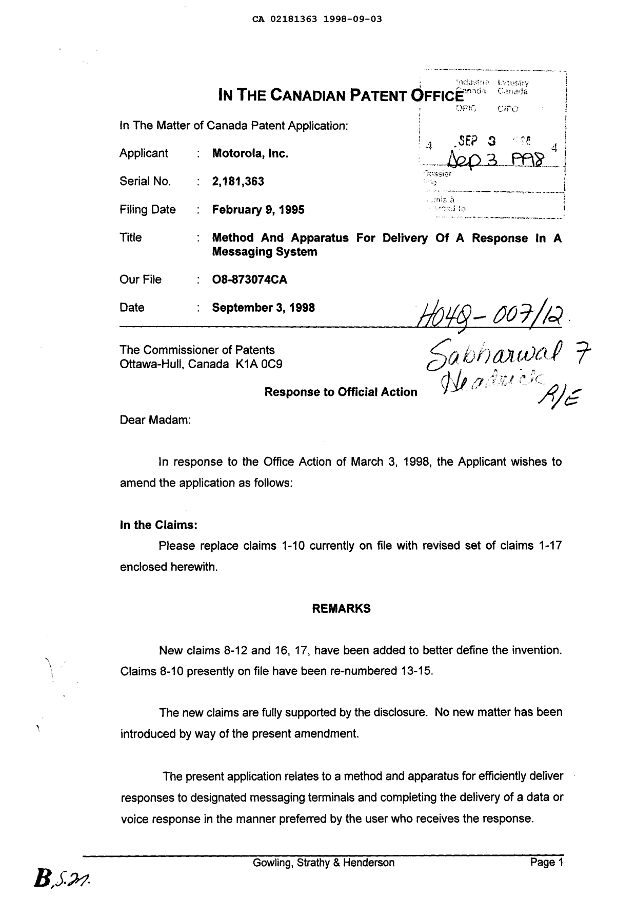 Canadian Patent Document 2181363. Prosecution-Amendment 19980903. Image 1 of 3
