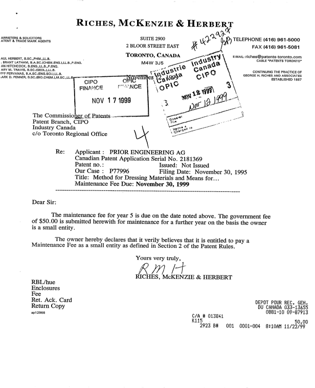 Canadian Patent Document 2181369. Fees 19991112. Image 1 of 1