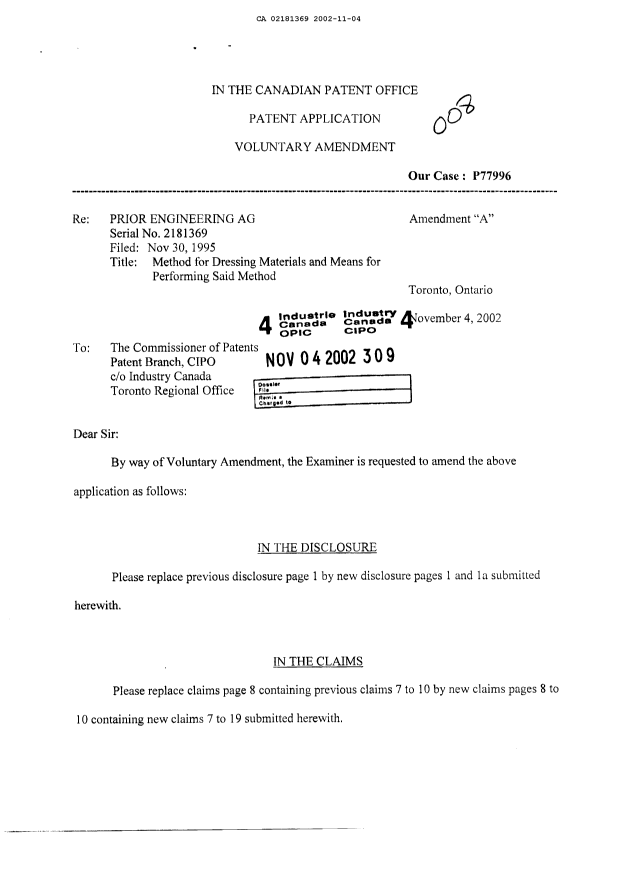 Canadian Patent Document 2181369. Prosecution-Amendment 20021104. Image 1 of 8