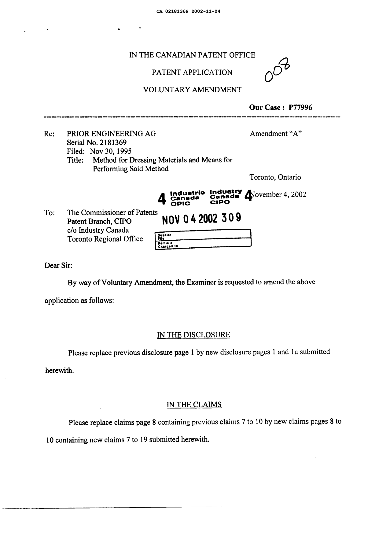 Canadian Patent Document 2181369. Prosecution-Amendment 20021104. Image 1 of 8