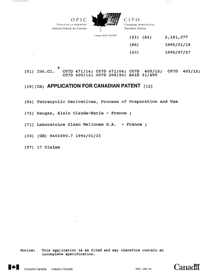 Canadian Patent Document 2181377. Cover Page 19951228. Image 1 of 1
