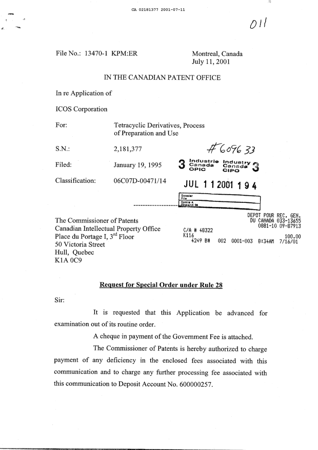 Canadian Patent Document 2181377. Prosecution-Amendment 20001211. Image 1 of 2