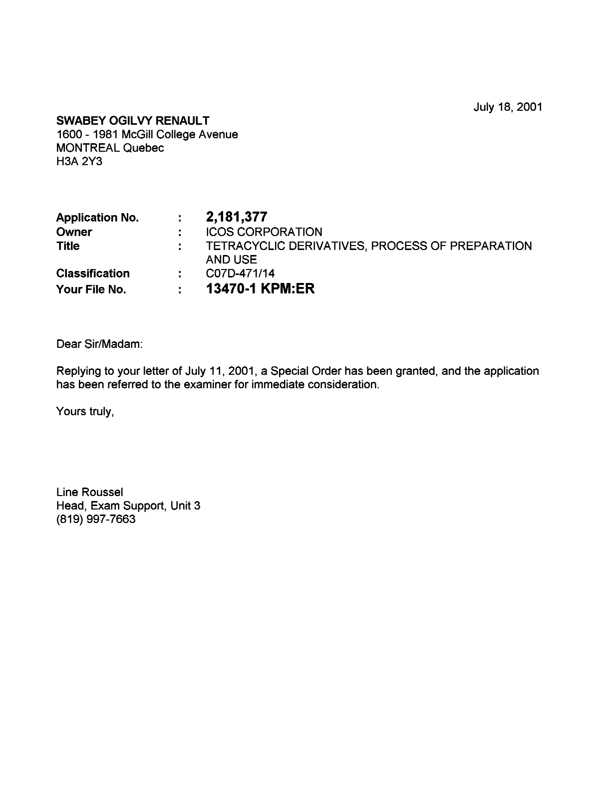 Document de brevet canadien 2181377. Poursuite-Amendment 20010718. Image 1 de 1
