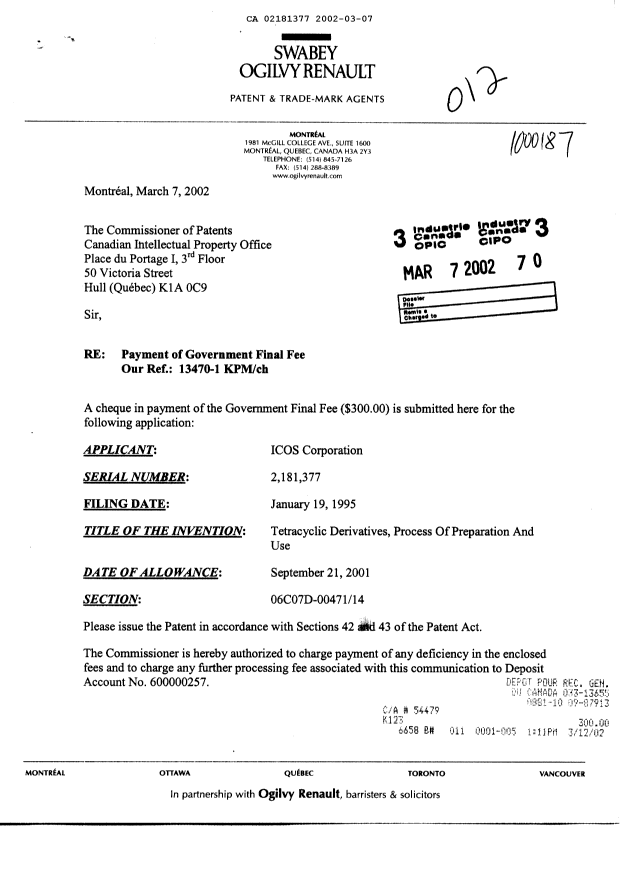 Document de brevet canadien 2181377. Correspondance 20020307. Image 1 de 2