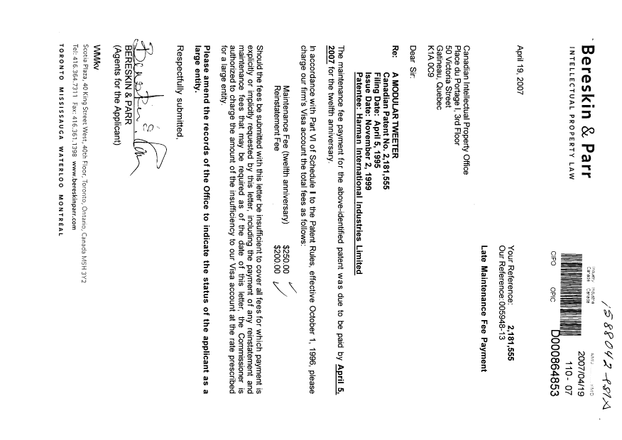 Canadian Patent Document 2181555. Fees 20070419. Image 1 of 1