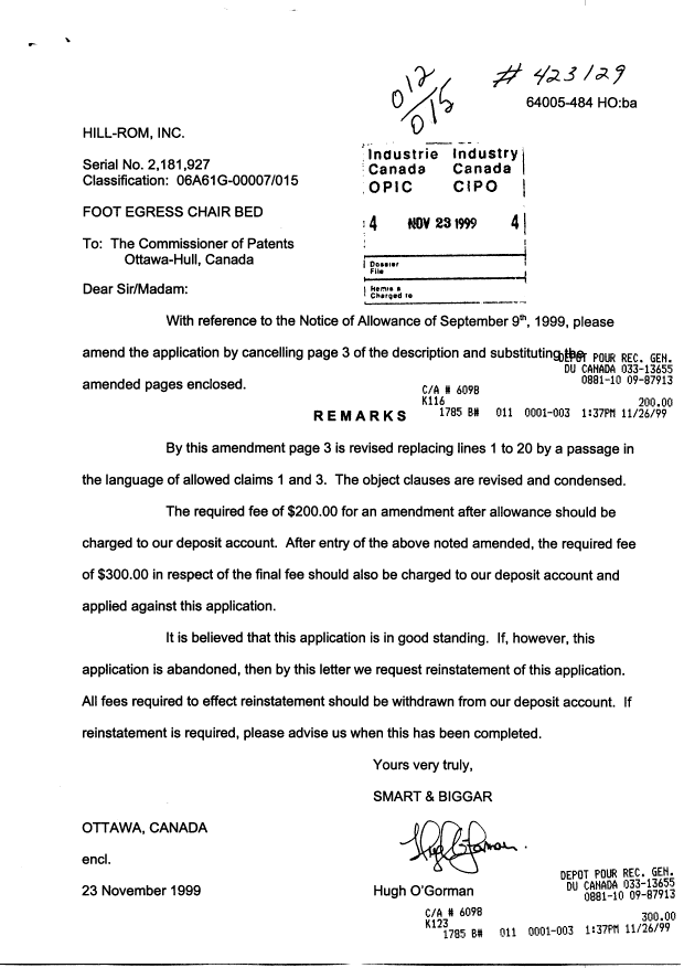 Document de brevet canadien 2181927. Correspondance 19991123. Image 1 de 1