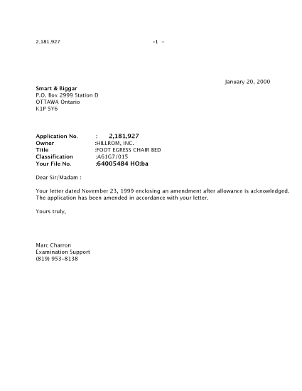 Document de brevet canadien 2181927. Poursuite-Amendment 20000120. Image 1 de 1