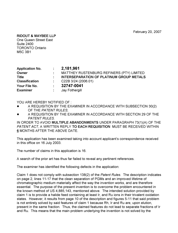 Document de brevet canadien 2181961. Poursuite-Amendment 20070220. Image 1 de 3