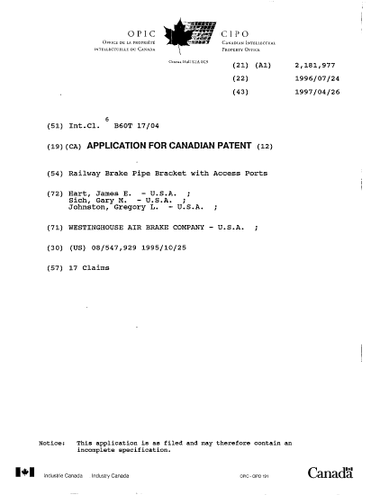 Canadian Patent Document 2181977. Cover Page 19961101. Image 1 of 1
