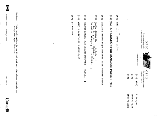 Canadian Patent Document 2181977. Cover Page 19961101. Image 1 of 1