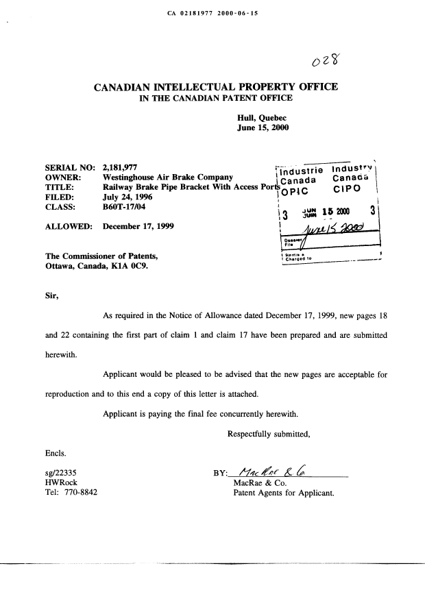 Canadian Patent Document 2181977. Correspondence 20000615. Image 1 of 3