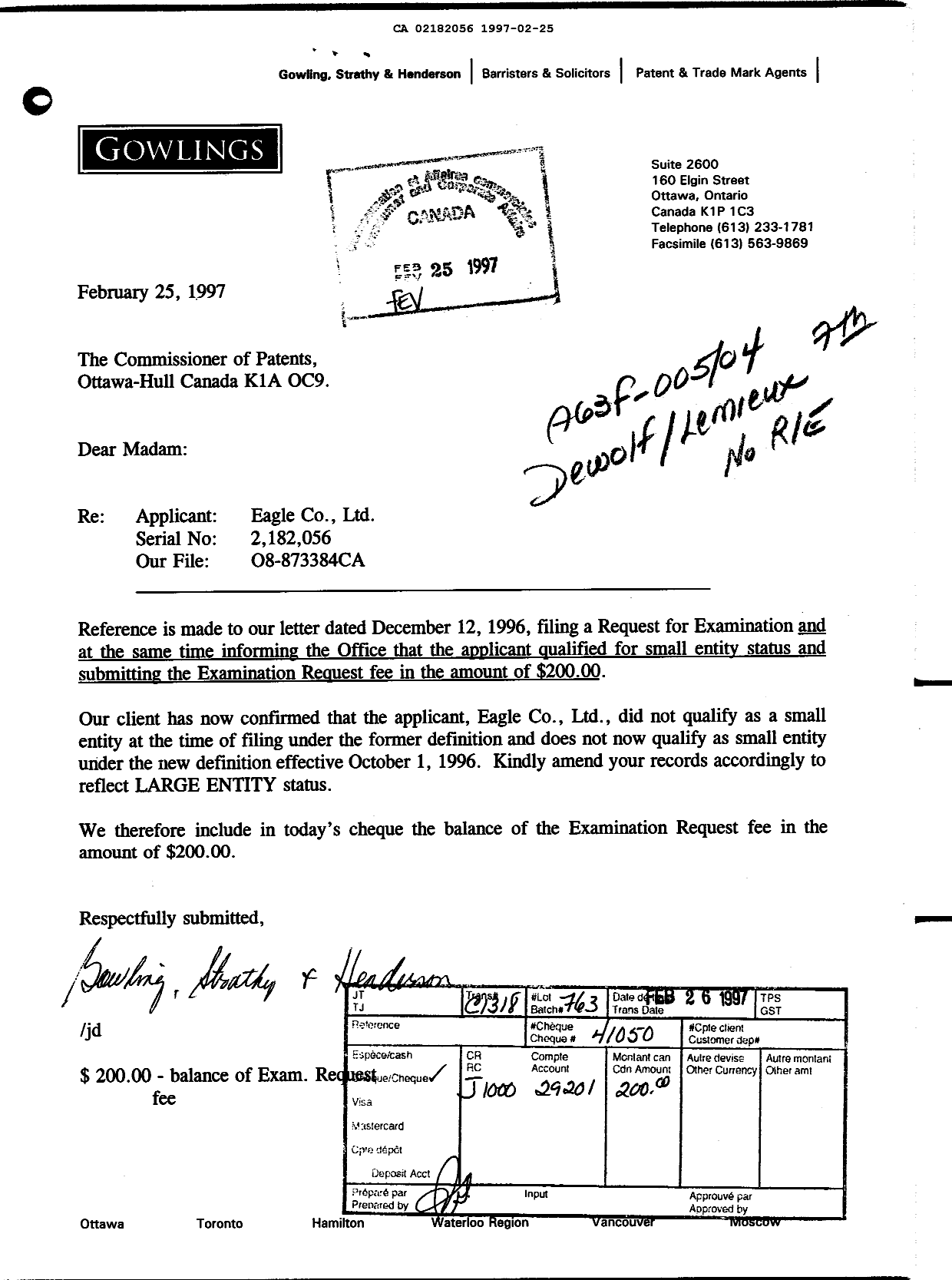 Canadian Patent Document 2182056. Prosecution-Amendment 19970225. Image 1 of 1